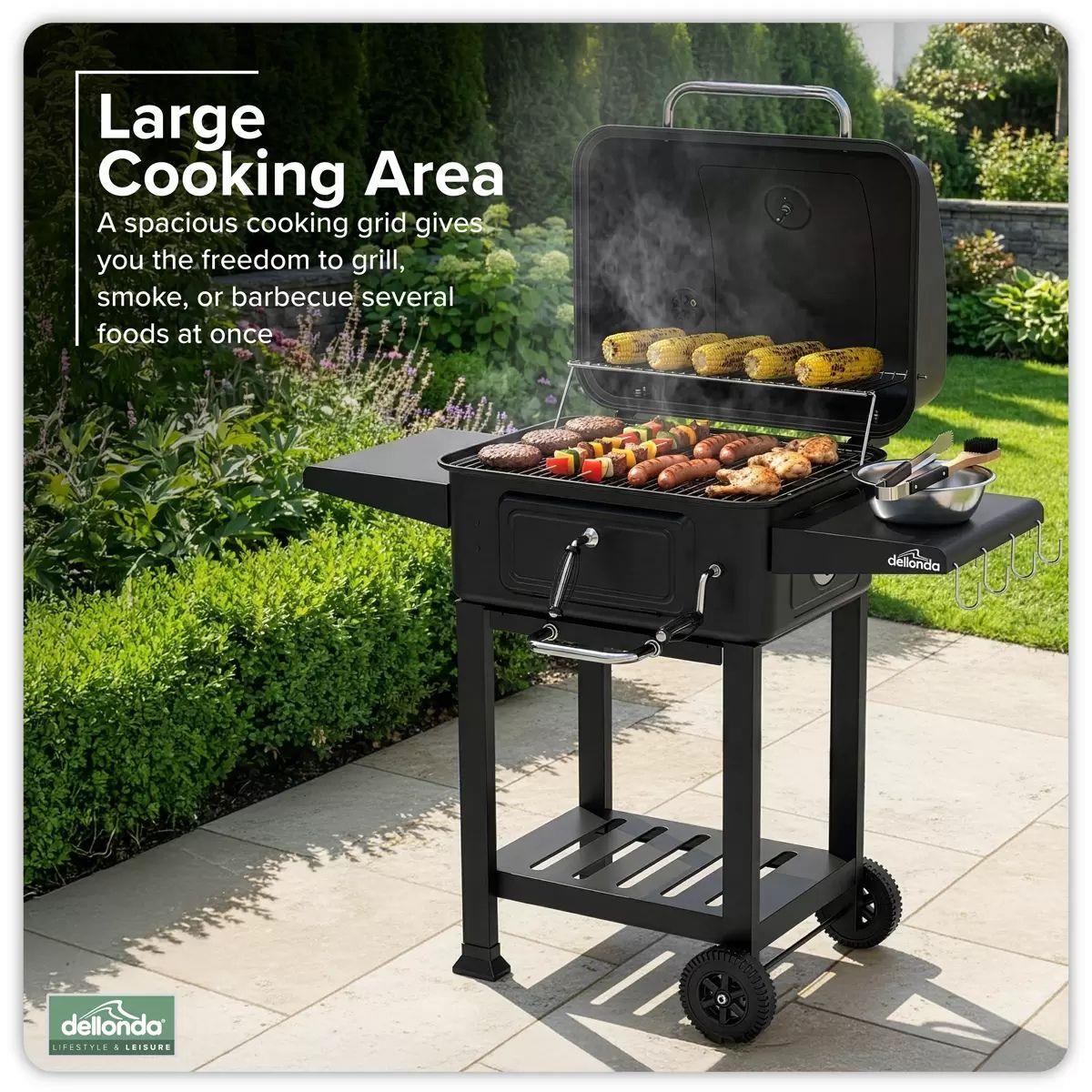 Sealey DG283 Dellonda Charcoal Grill BBQ Smoker and Trolley with 2 Side Shelves Black