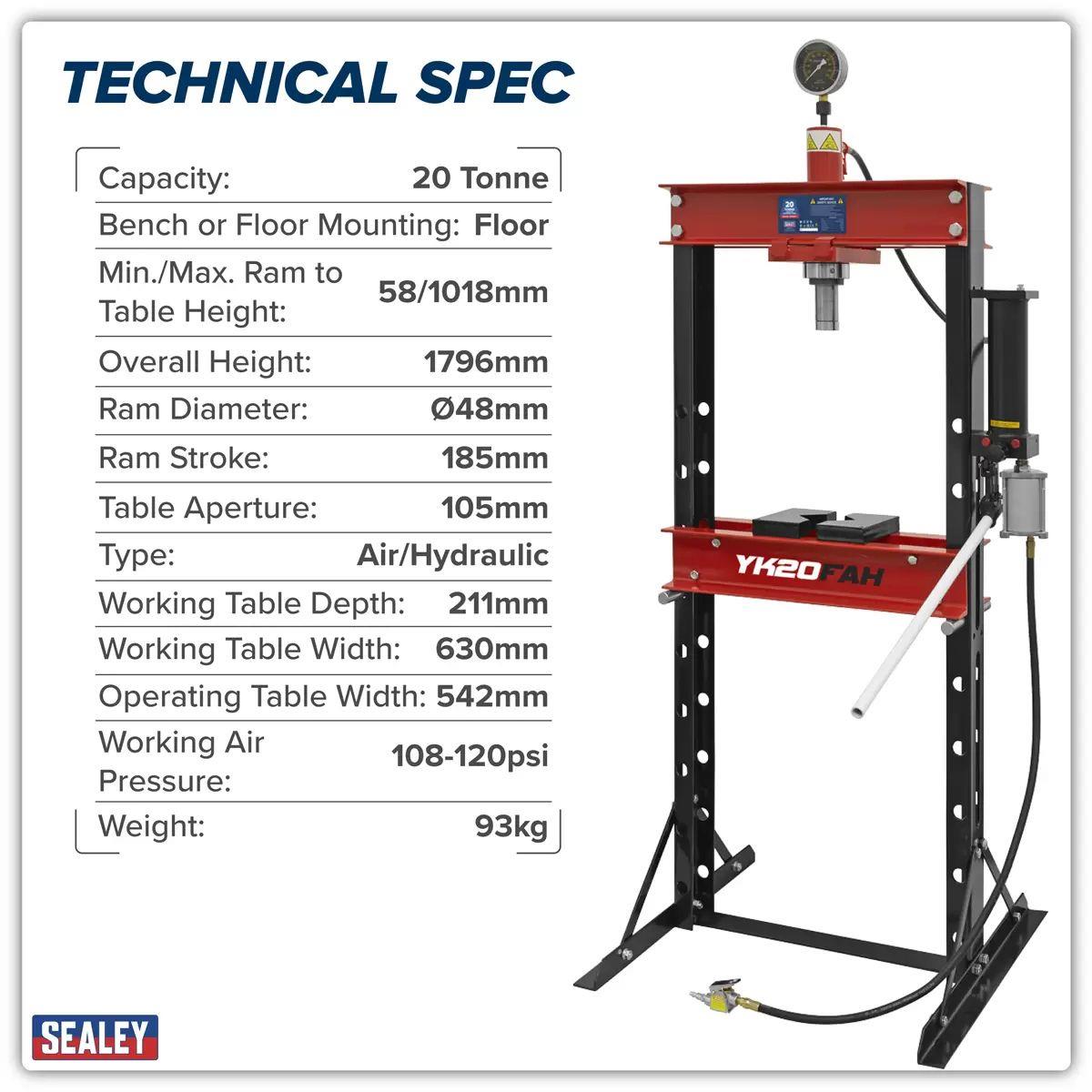 Sealey YK20FAH Air/Hydraulic Press 20 Tonne Floor Type