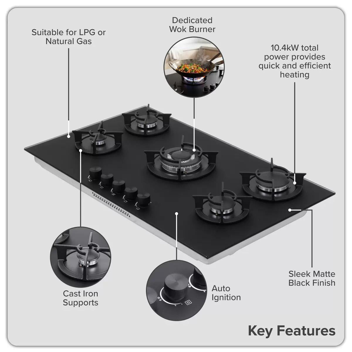 Sealey DH385 Baridi 90cm Gas Hob Matt Black 5 Burners Cast Iron Supports & Auto Ignition 10.4kW/230V