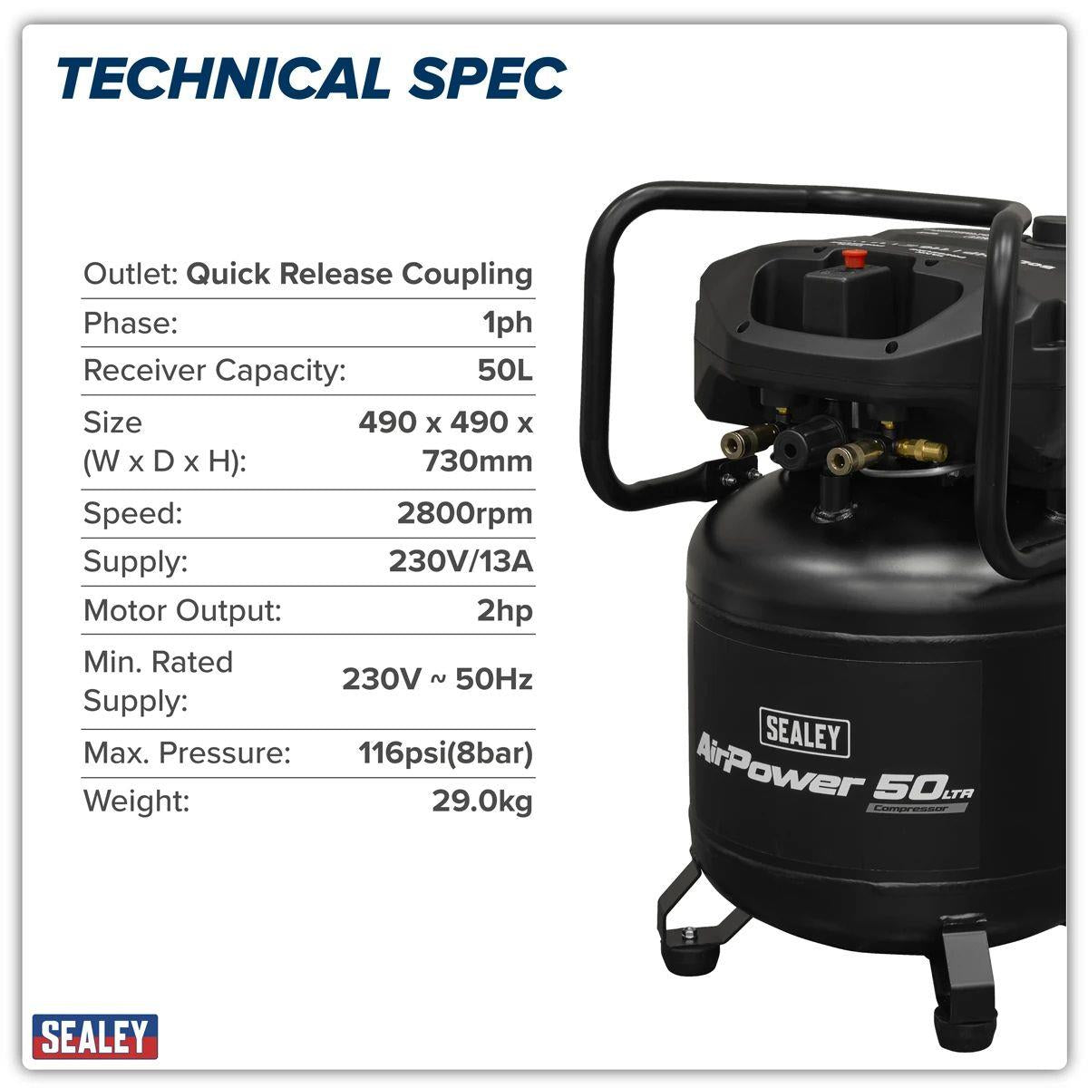 Sealey SAC50V 50L Oil Free Belt Drive Vertical Compressor 2hp & 230V/13A