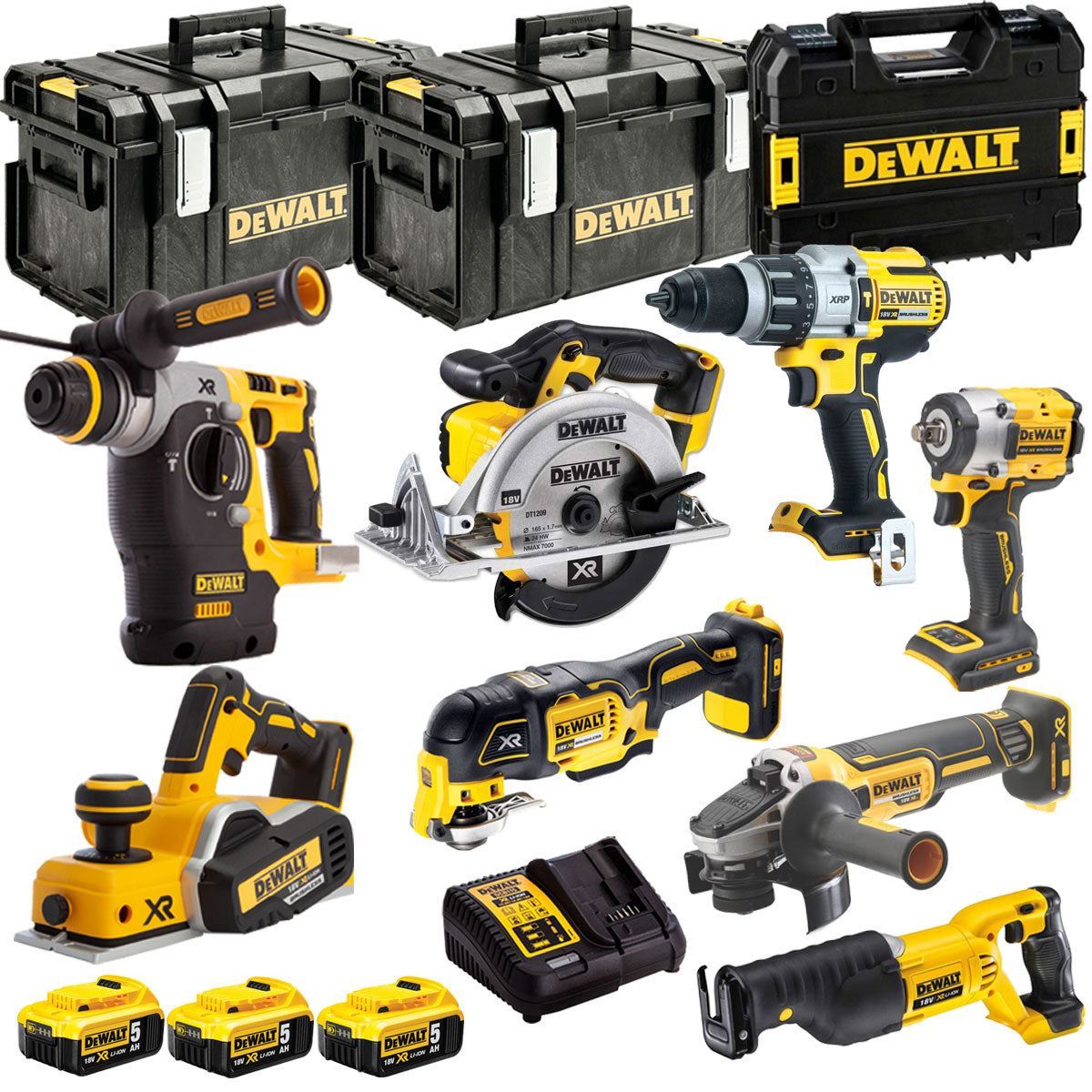 Dewalt 18V 8 Piece Power Tool Kit with 3 x 5.0Ah Battery Charger & Toughsystem Box T4TKIT-12843