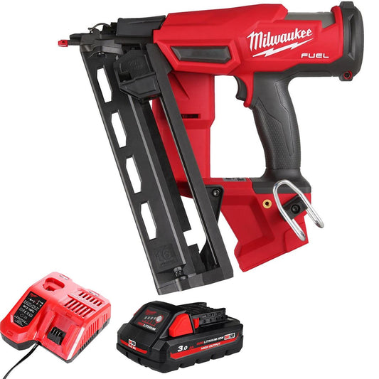 Milwaukee M18FN16GA-0 18V Brushless 16G Angled Finish Nailer with 1 x 3.0Ah Battery & Charger