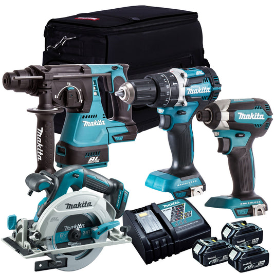 Makita 18V Brushless 4 Piece Tool Kit with 3 x 5.0Ah Batteries Charger & Bag