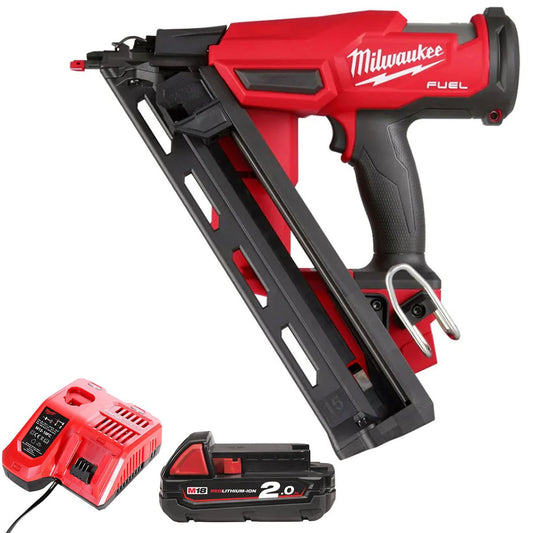 Milwaukee M18FN15GA-0 18V Brushless 15Ga Angled Finish Nailer with 1 x 2.0Ah Battery & Charger
