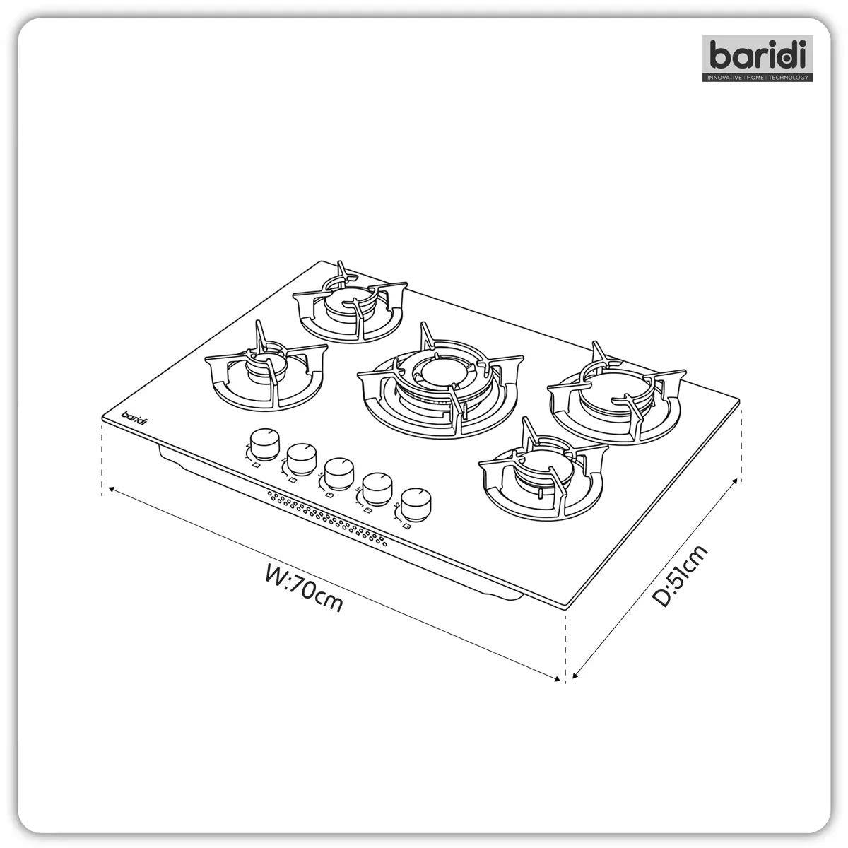 Sealey DH384 Baridi 70cm Gas Hob Matt Black with 5 Burners, Cast Iron Supports & Auto Ignition 10.4kW/230V