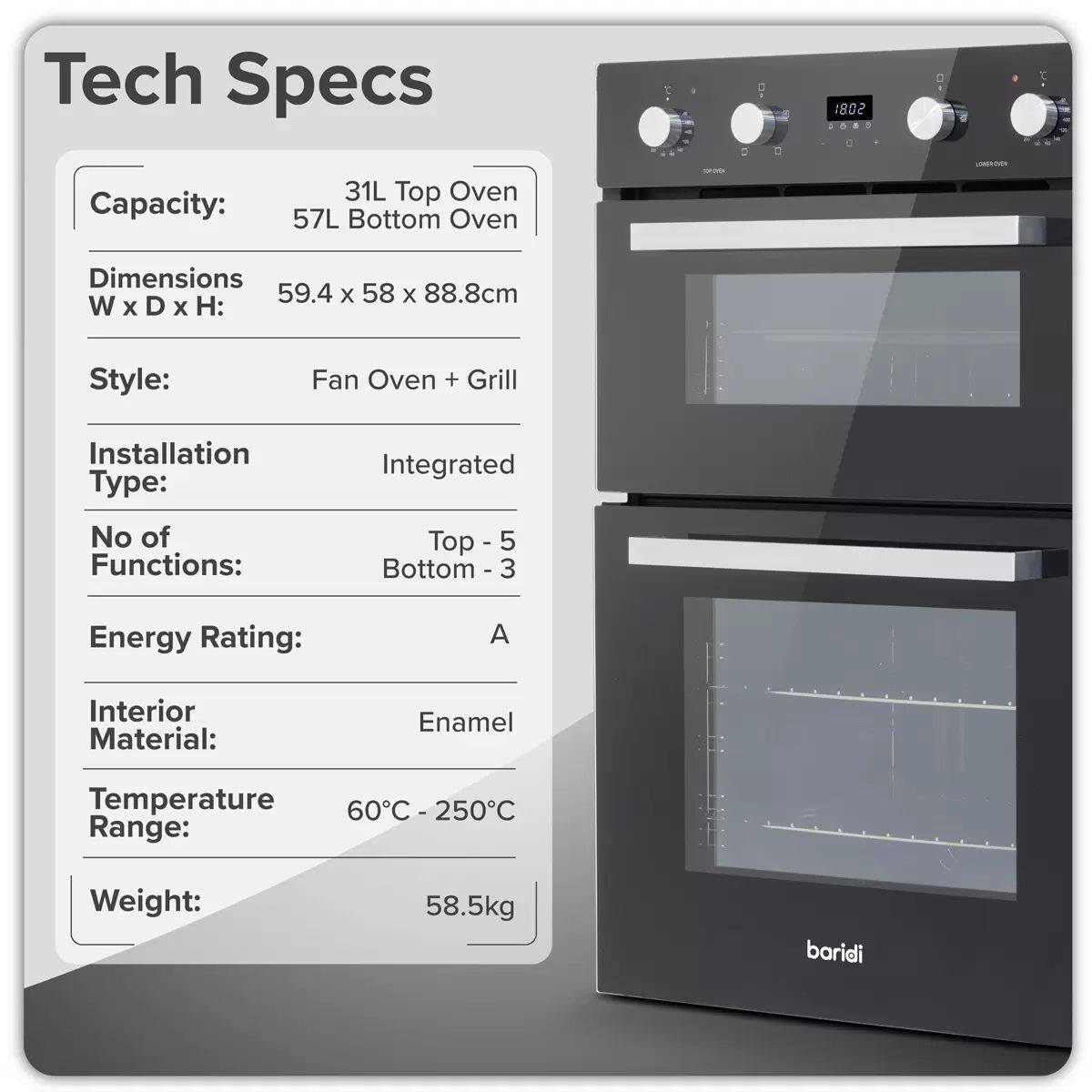 Sealey DH279 Baridi 90cm Built-In Double Oven, 88L Capacity, Energy Rating A Black 240V