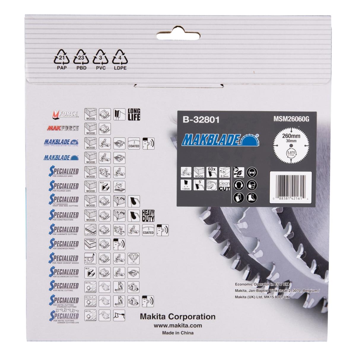 Makita B-32801 Makblade TCT Mitre Saw Blade 260mm x 30mm x 60T