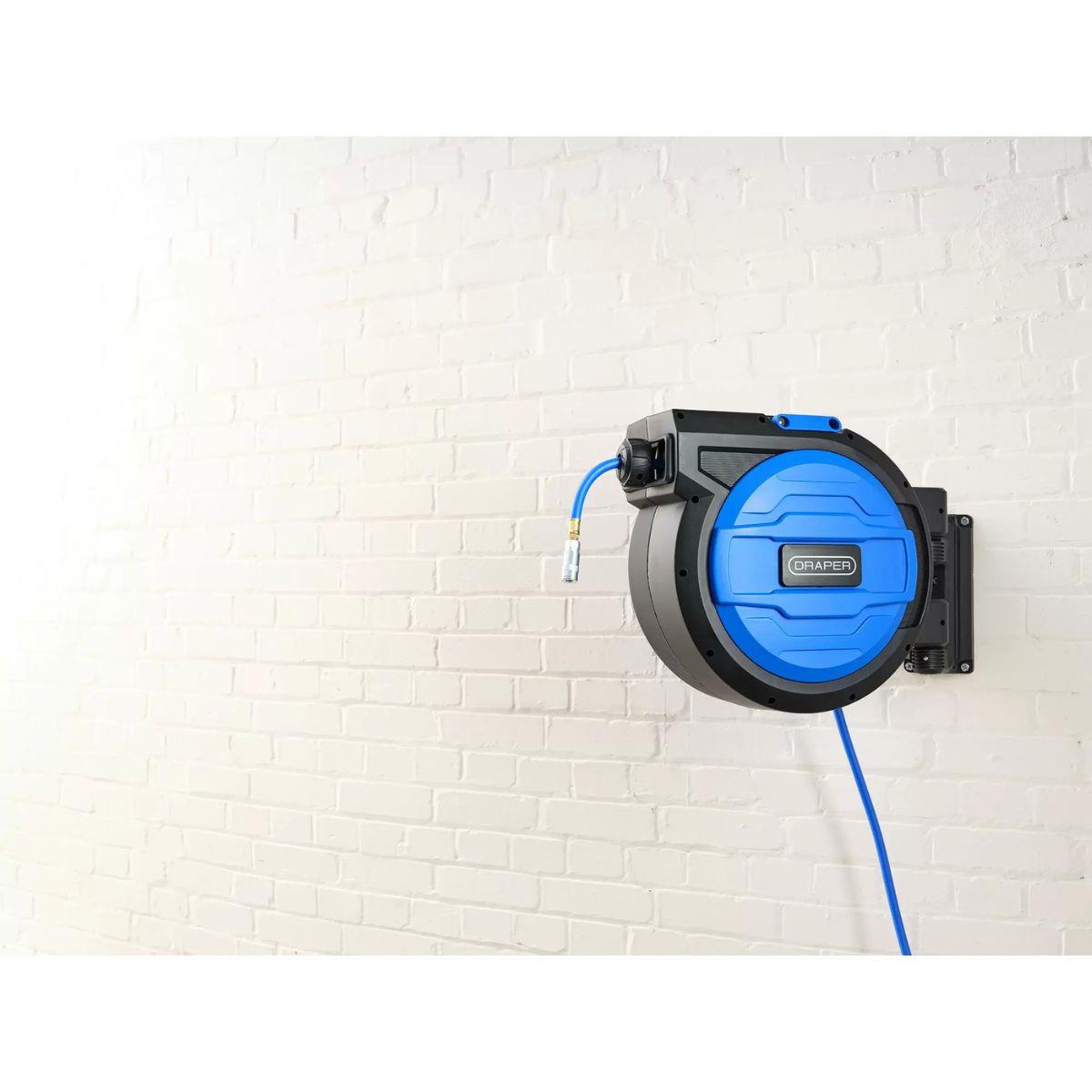 Draper RAH20B Retractable Air Hose Reel 20m–10mm ID Hybrid Hose with Auto Rewind 29675