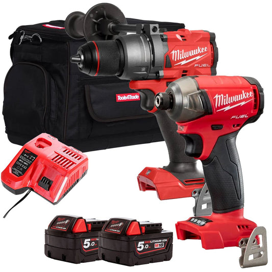 Milwaukee 18V Fuel Brushless Impact Driver + Combi Drill Twin Kit with 2 x 5.0Ah Battery Charger & Bag