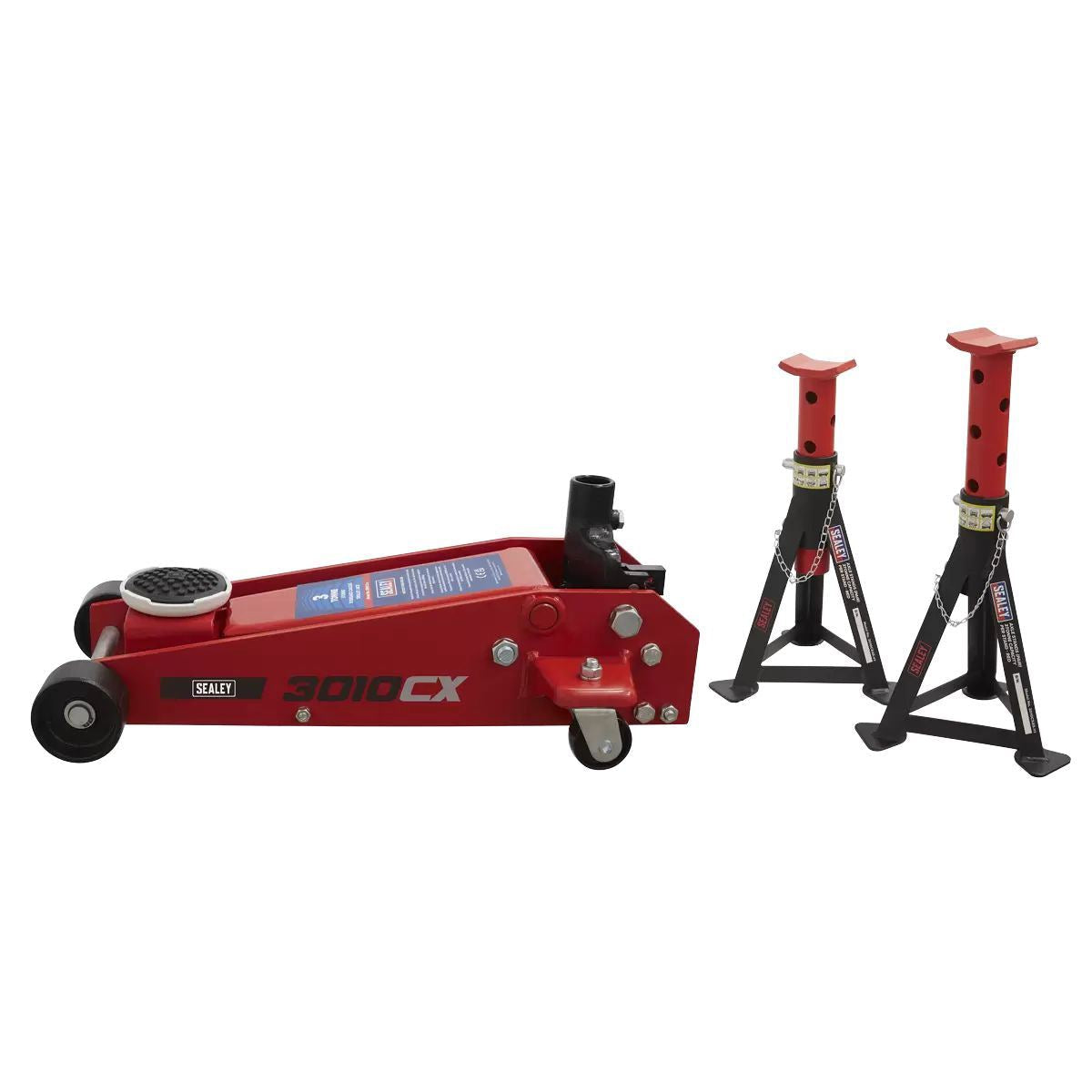 Sealey 3010CX Trolley Jack 3 tonne Standard Chassis Axle Stand Set Car Garage