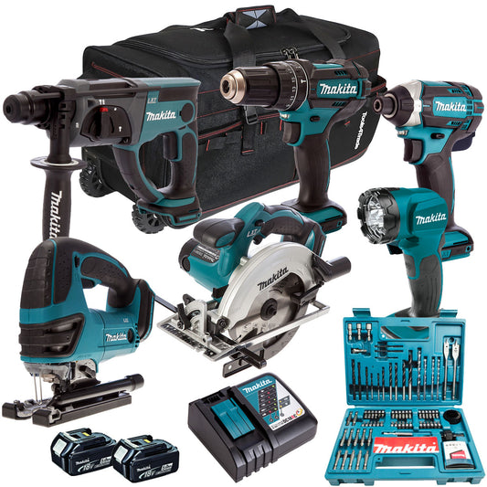 Makita 18V 6 Piece Combo Kit with 2 x 5.0Ah Batteries & 100 Piece Bit Set T4TKIT-192