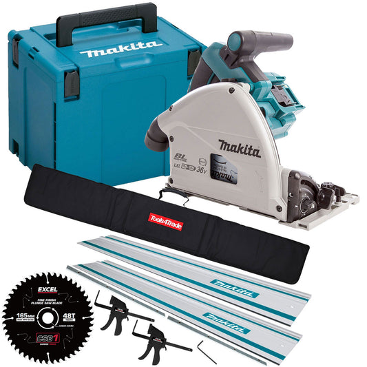 Makita DSP600ZJ 36V Brushless Plunge Saw + 2 x Guide Rail, Connector with Blade & Clamp Set