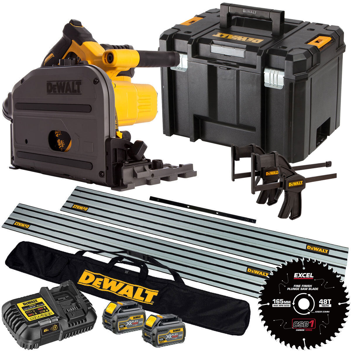 Dewalt DCS520T2 54V Flexvolt Brushless 165mm Plunge Saw 2 x 6.0Ah Battery Charger Case, Accessories with Blade