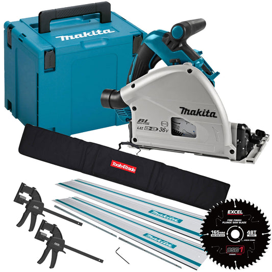 Makita DSP601ZJU 36V Brushless AWS Plunge Saw + 2 x Guide Rail, Connector with Blade & Clamp Set