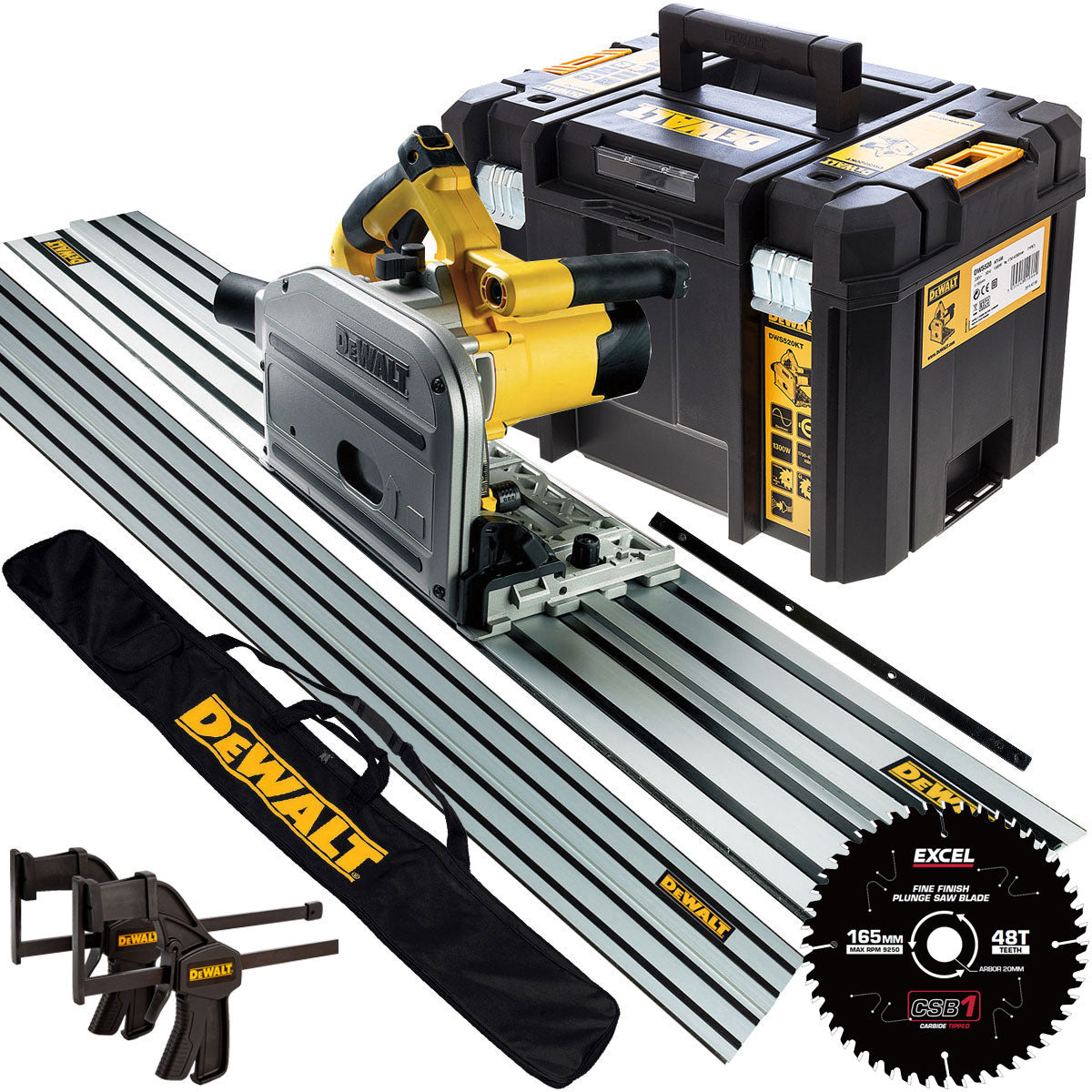 Dewalt DWS520KT 240V Plunge Saw + 2 x 1.5m Guide Rails Connector Clamps with Blade & Bag