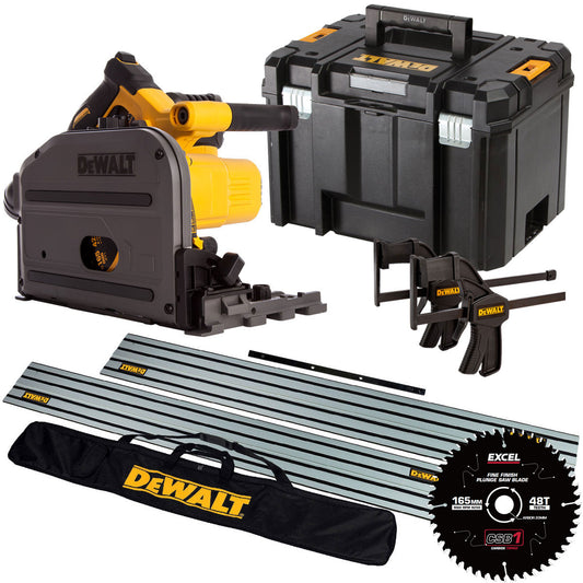 DeWalt DCS520NT 54V XR Flexvolt Brushless 165mm Plunge Saw 2 x 1.5m Guide Rail Clamps with Blade & Case + Rail Bag