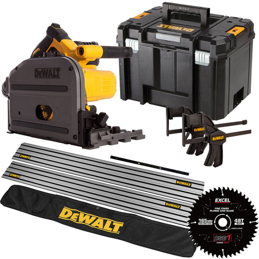 DeWalt DCS520NT 54V XR Flexvolt Brushless 165mm Plunge Saw 2 x 1.5m Guide Rail Clamps with Blade & Case + Rail Bag