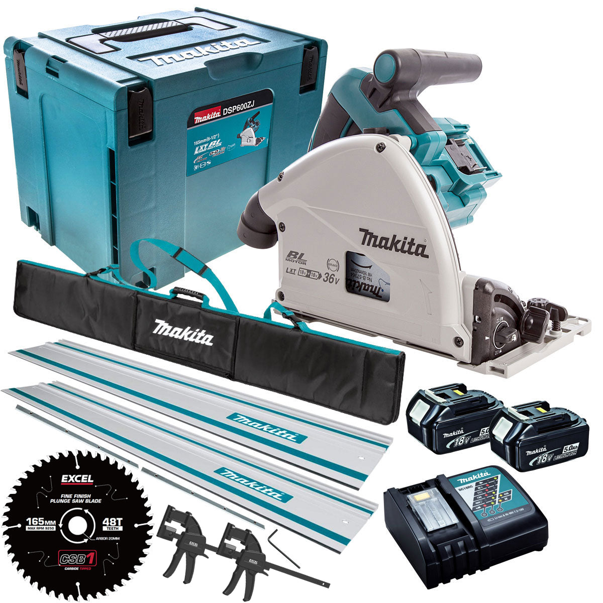 Makita DSP600TJ 36V Brushless Plunge Saw Set 2 x 5.0Ah Batteries with Blade & Accessories