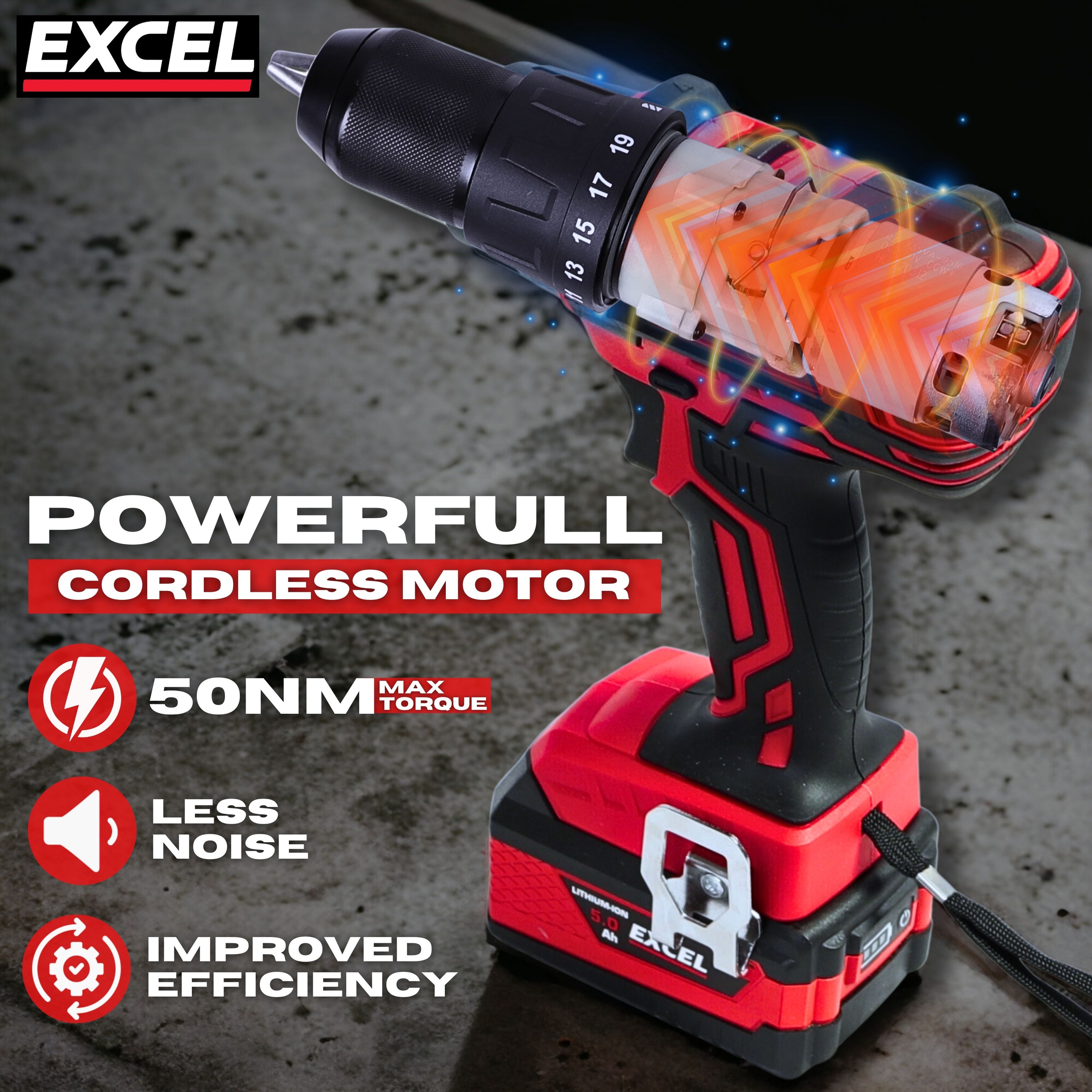 Excel 18V Cordless Combi Drill with 1 x 5.0Ah Battery Charger & Bag EXL10054