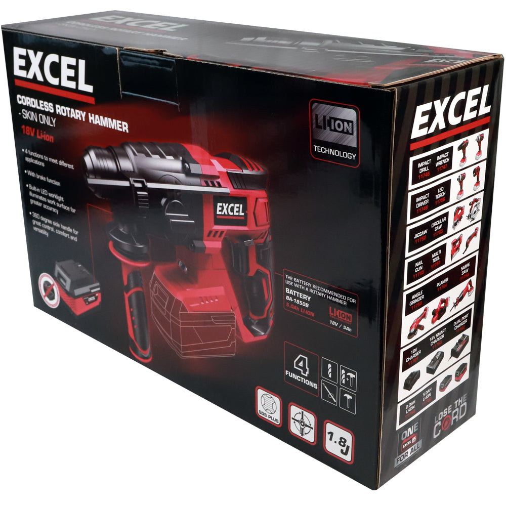 Excel 18V Cordless SDS-Plus Rotary Hammer Drill with Chuck & Chisel Set 4 Piece