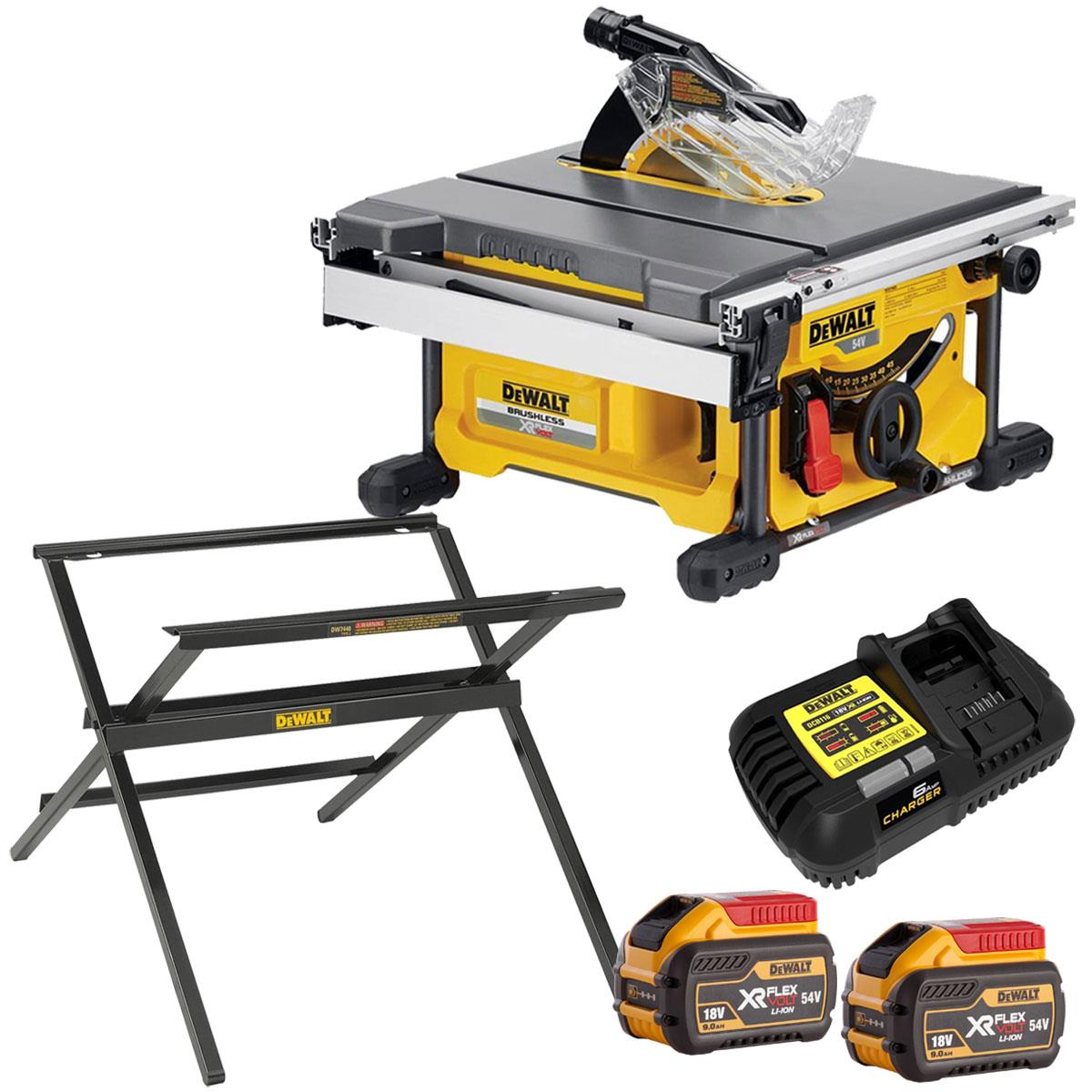 Dewalt DCS7485N 54V XR Flexvolt Brushless 210mm Table Saw with 2 x 9.0 Battery Charger & Folding Leg Stand