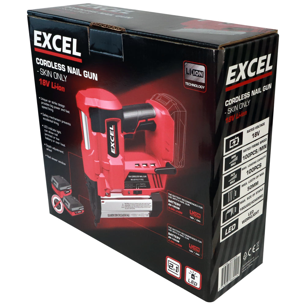 Excel 18V Cordless Second Fix Nailer with 1 x 2.0Ah Battery Charger & Bag