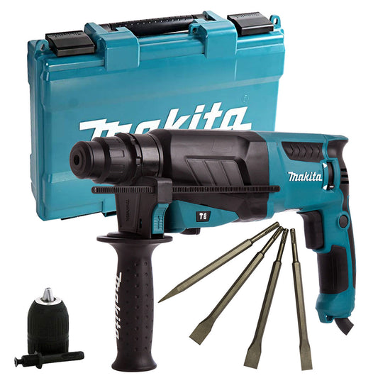 Makita HR2630/2 3 Mode Hammer Drill 240V With 4 Piece Chisel Set + Keyless Chuck