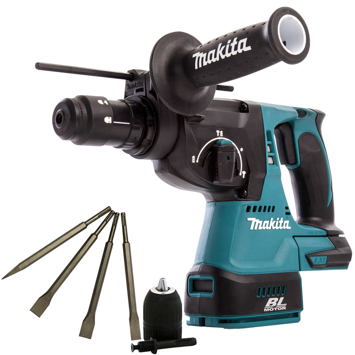 Makita DHR243Z 18V Brushless Hammer Drill & 4 Piece Chisel Set + Keyless Chuck