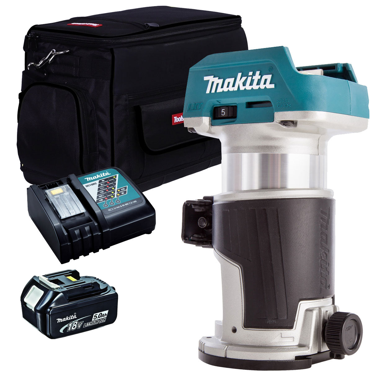 Makita DRT50Z 18V Brushless Router Trimmer with 1 x 5.0Ah Battery Charger & Bag