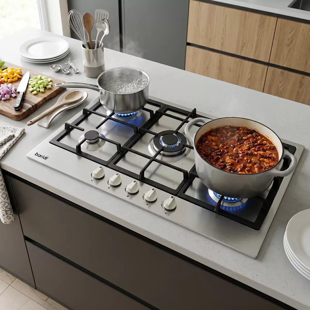 Sealey DH382 Baridi 90cm Gas Hob Stainless Steel with 5 Burners, Cast Iron Supports & Auto Ignition 11kW/230V