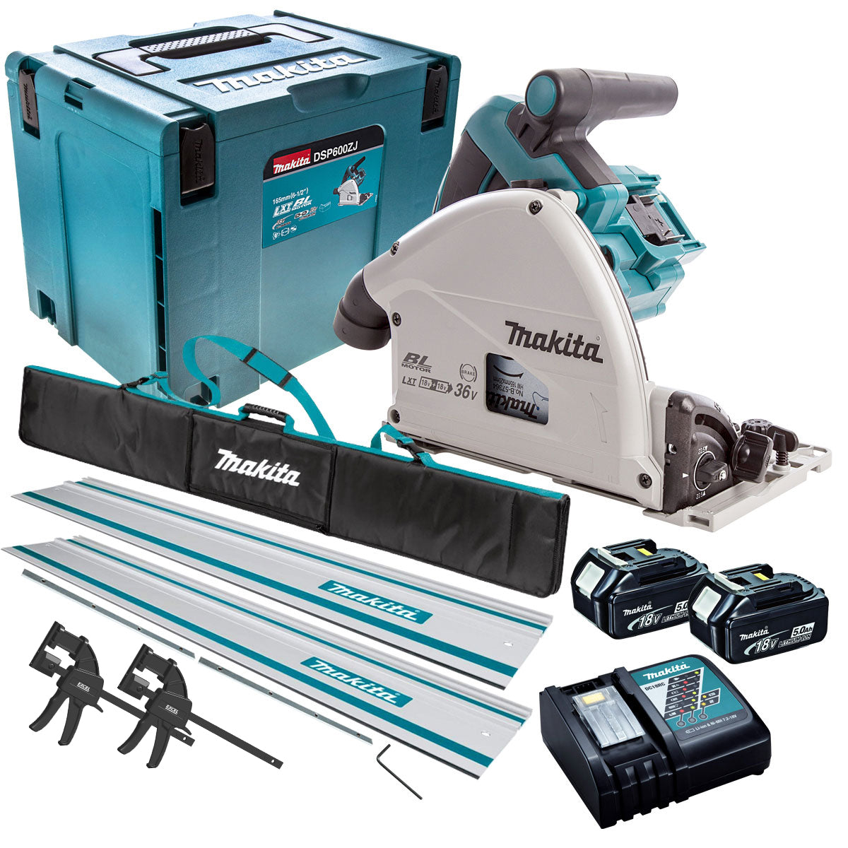 Makita DSP600TJ 36V Brushless Plunge Saw Set 2 x 5.0Ah Batteries & Accessories