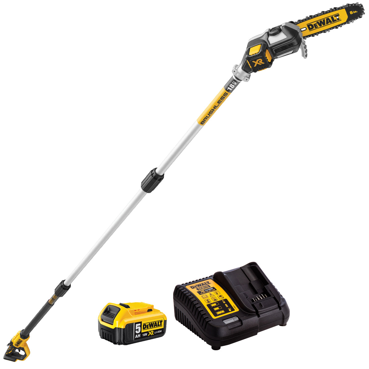 Dewalt DCMPS567P1 18V Brushless Pole Saw with 1 x 5.0Ah Battery & Charger for Effortless Cutting