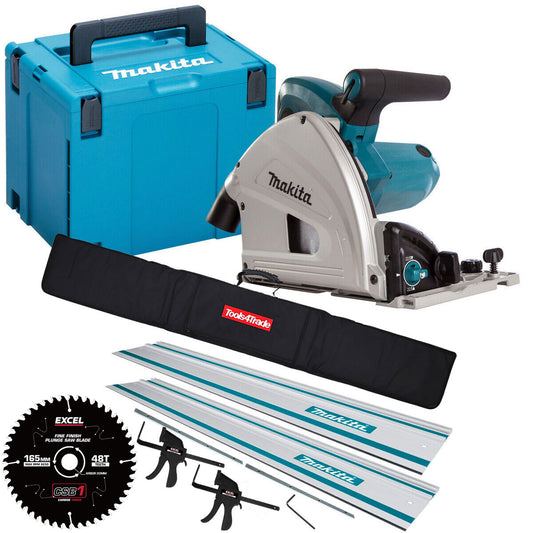 Makita SP6000J2 240V 165mm Plunge Saw in Case + 2 x Guide Rail Connector Bar with Blade & Clamp