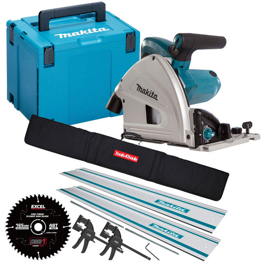 Makita SP6000J2 240V 165mm Plunge Saw in Case + 2 x Guide Rail Connector Bar with Blade & Clamp