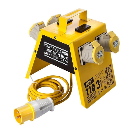 Just 110 JOT1003 4-Way Junction Box with USB Ports 16A 110V - Yellow