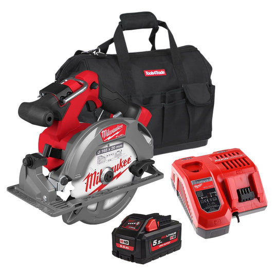 Milwaukee M18FCS552-0 M18 FUEL 18V Brushless 165mm Circular Saw with 1 x 5.5Ah Battery Charger & Bag