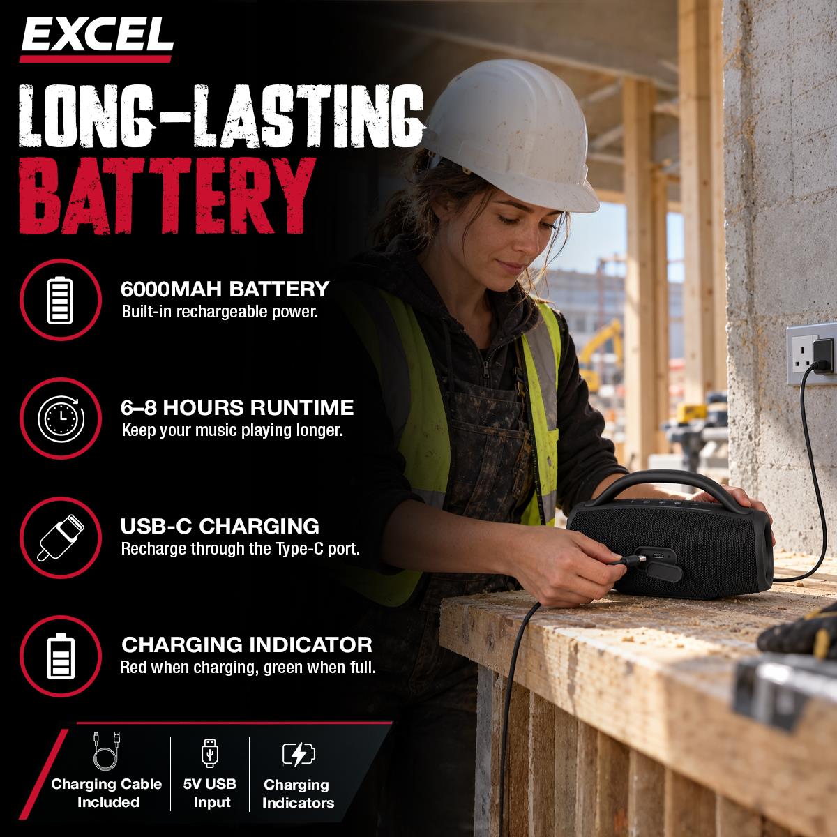 Excel Jobsite Bluetooth Speaker 40-70W IPX6 Waterproof with Auracast