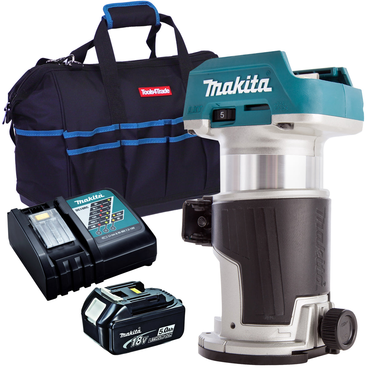 Makita DRT50Z 18V Brushless Router Trimmer with 1 x 5.0Ah Battery Charger & Bag