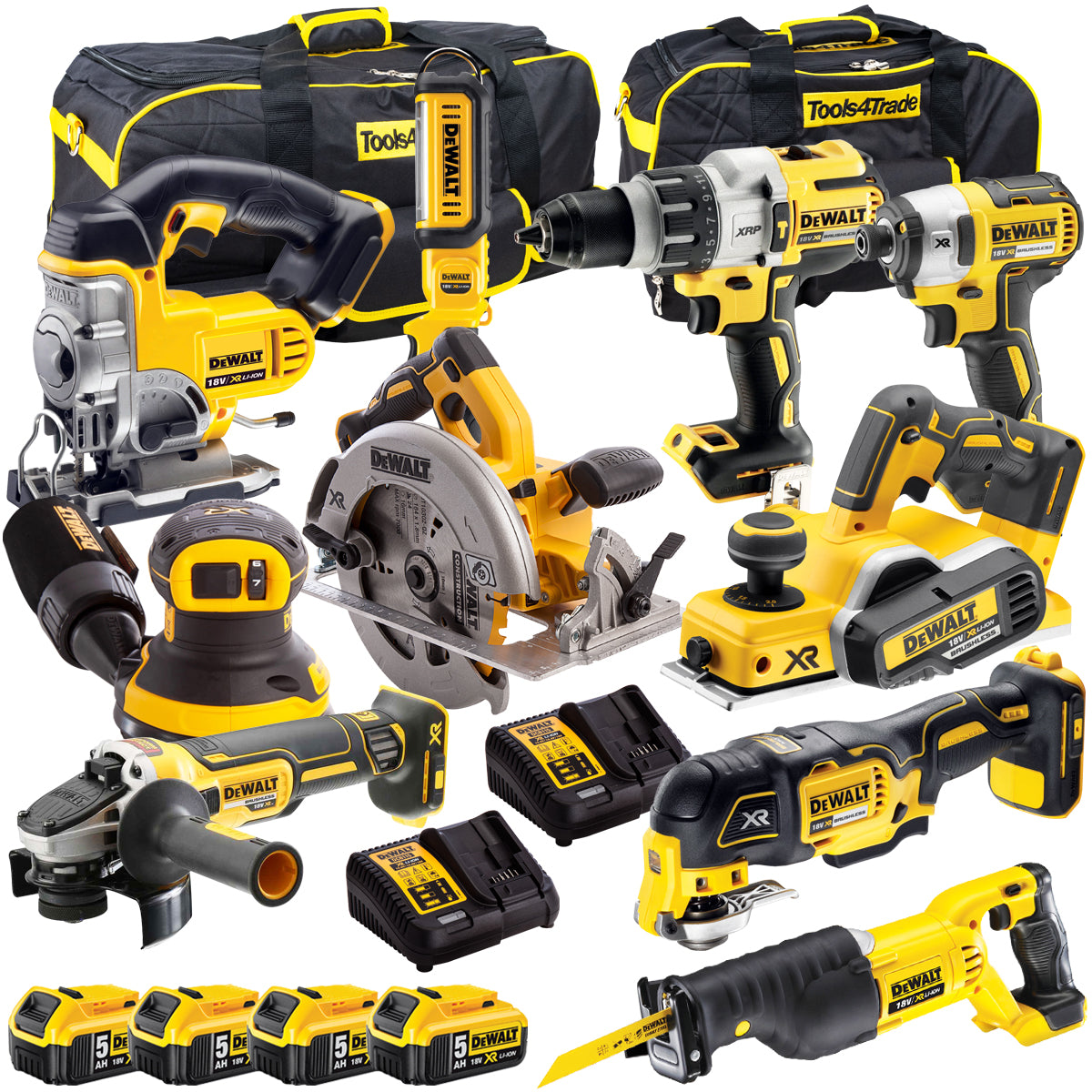 Dewalt 18V 10 Piece Power Tool Kit with 4 x 5.0Ah Battery + 2 x Charger & 2 x Tool Bag T4TKIT-12844