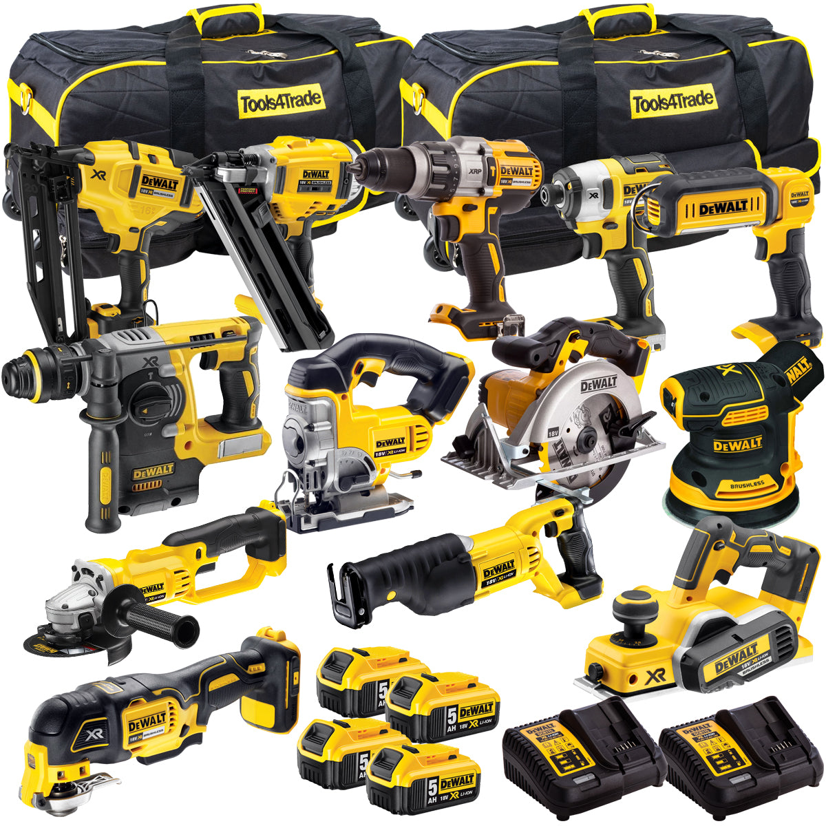 Dewalt 18V 13 Piece Power Tool Kit with 4 x 5.0Ah Battery + 2 x Charger & 2 x Tool Bag T4TKIT-12846