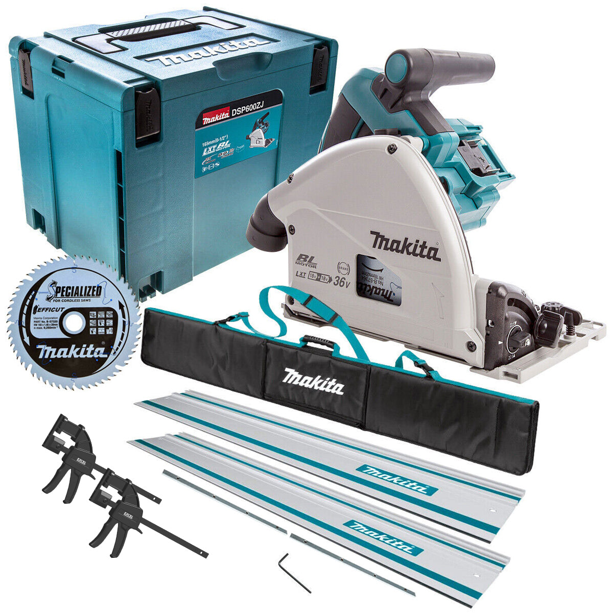 Makita DSP600ZJ 36V Brushless 165mm Plunge Saw with 2x1.5m Guide Rail+Clamp+Bag+Blade