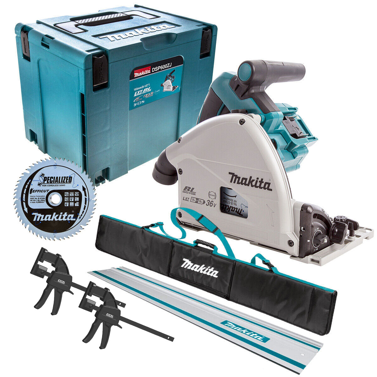 Makita DSP600ZJ 36V Brushless 165mm Plunge Saw with 1x1.5m Guide Rail+Clamp+Bag+Blade