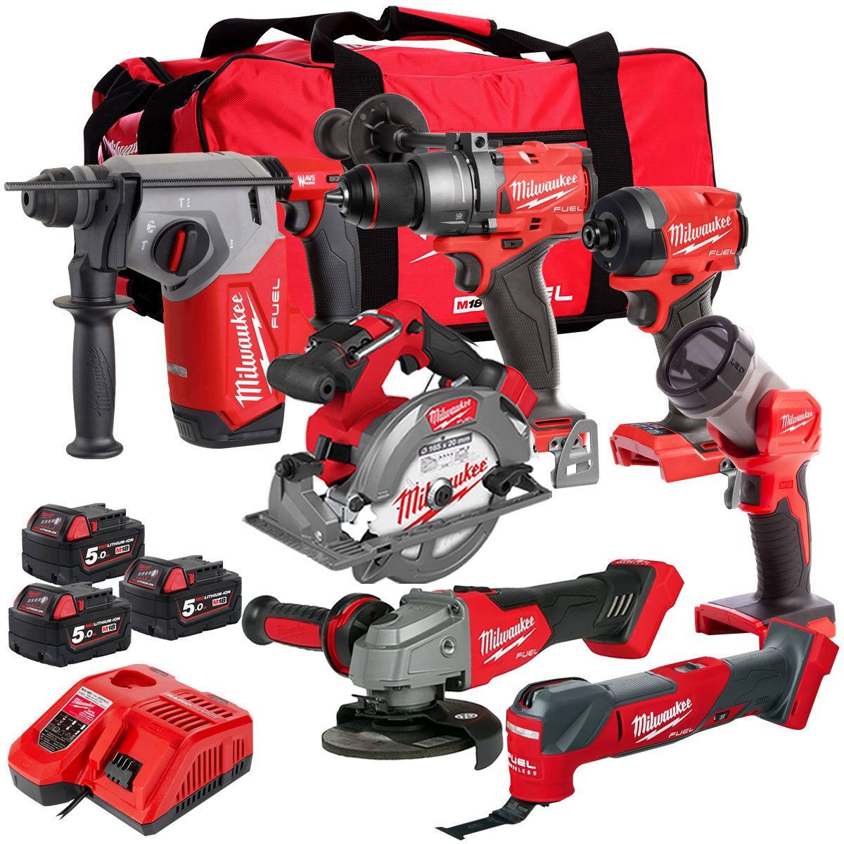 Milwaukee M18FPP7A3-503B 18V FUEL Brushless 7 Piece Tool Kit 3 x 5.0Ah Batteries Charger & Wheeled Bag 4933480878