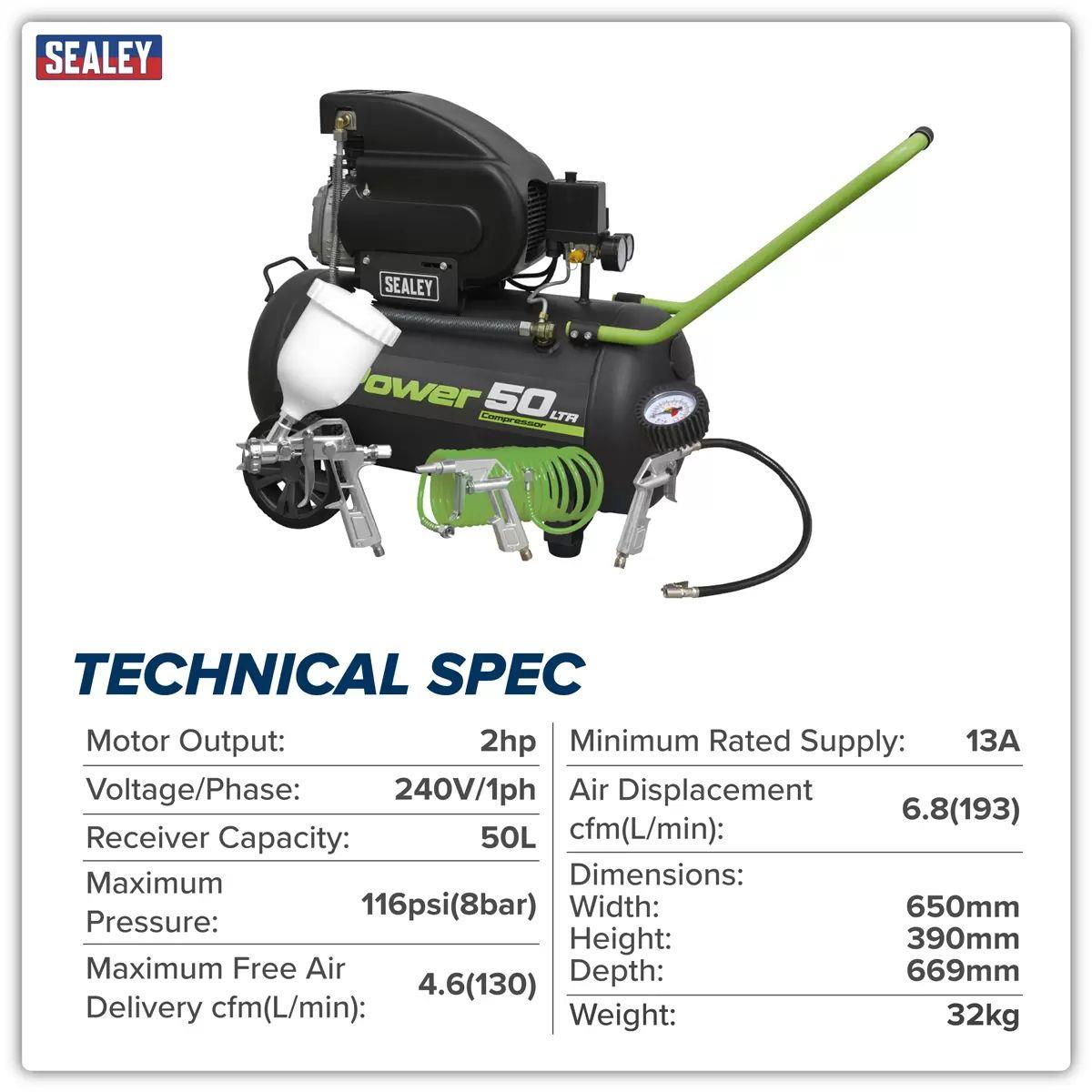 Sealey SAC5020EPK 50L Direct Drive Compressor with 4pc Air Accessory Kit 240V