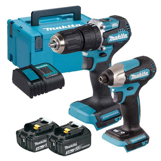 Makita DLX2414SJ 18V LXT Brushless Twin Pack Combi Drill & Impact Driver With 2 x 3.0Ah Batteries, Charger & Case