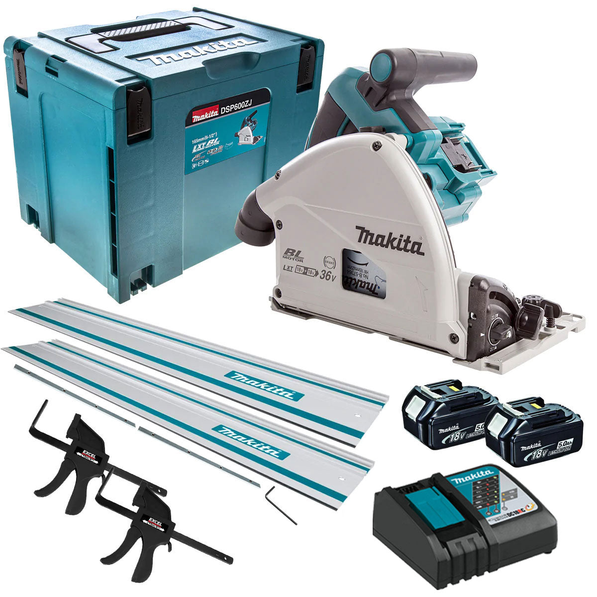 Makita DSP600TJ 36V Brushless Plunge Saw 2 x 5.0Ah Batteries & Accessories Set