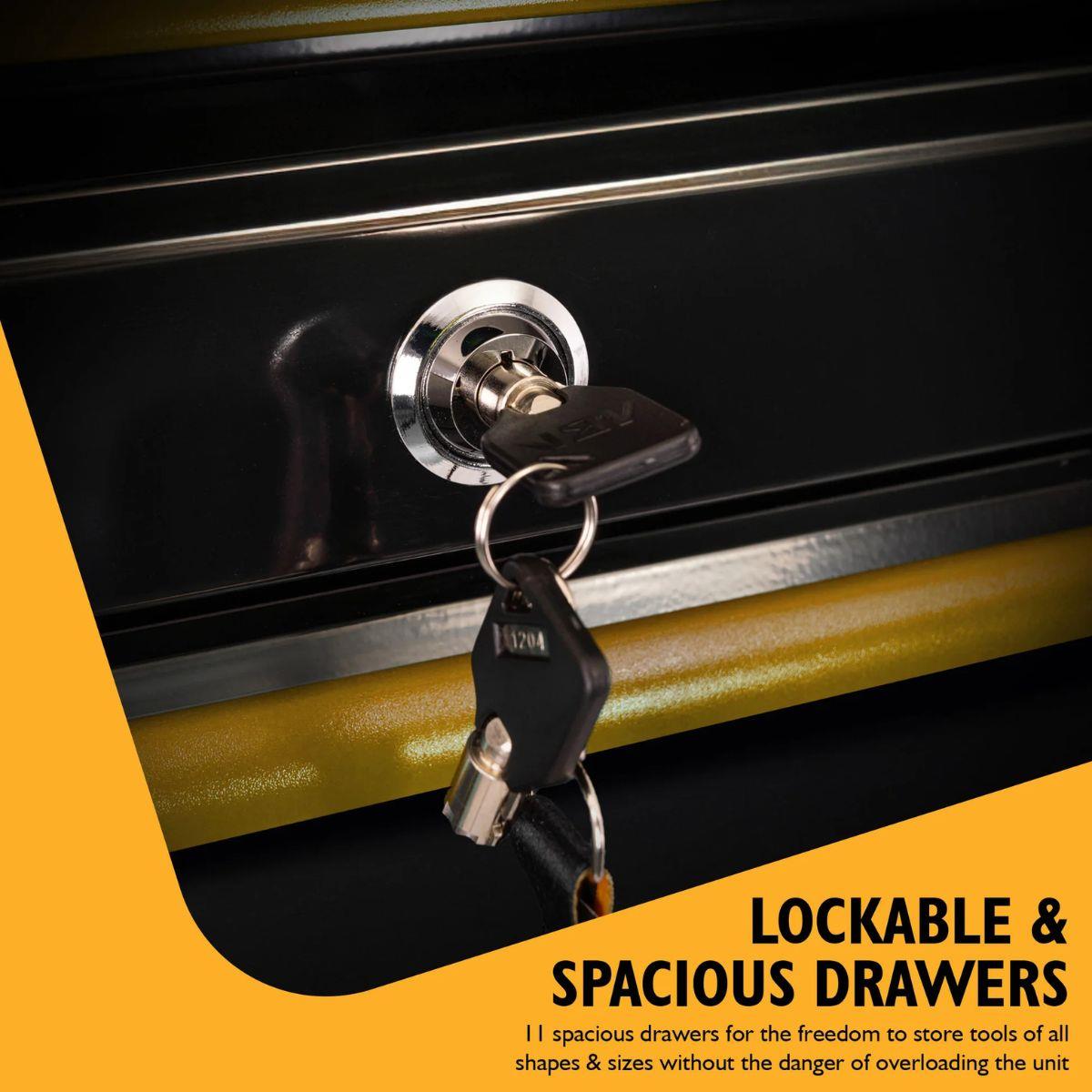 JCB JCBRCBB Classic Design 42 Inch Roller Tool Cabinet, 11 Drawers, Steel with Hardwood Worktop