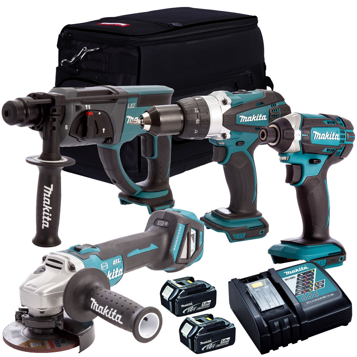 Makita 4 Piece 18V Li-ion with 2 x 5.0Ah Batteries & Charger T4TKIT-1520