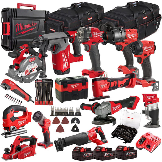Milwaukee 18V 13 Piece Combo Kit with 3 x 5.0Ah Batteries & Charger & Accessory Set M18T4TKIT-4626