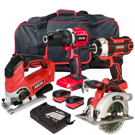 Excel 18V 4 Piece Cordless Power Tool Kit with 2 x 5.0Ah Batteries Smart Charger & EXLKIT-401